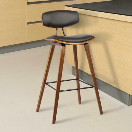ARMEN LIVING Fox 28.5 in. Mid-Century Bar Height Barstool in Brown Faux Leather with Walnut Wood LCFOBAWABR30